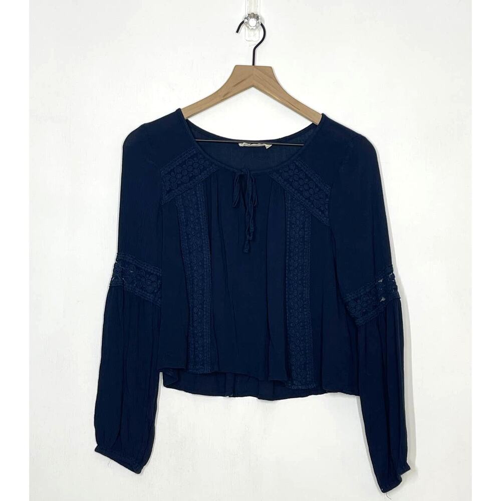 Hollister Lace Embroidered Peasant Long Sleeve Navy Blue Blouse Top‎ Women's XS